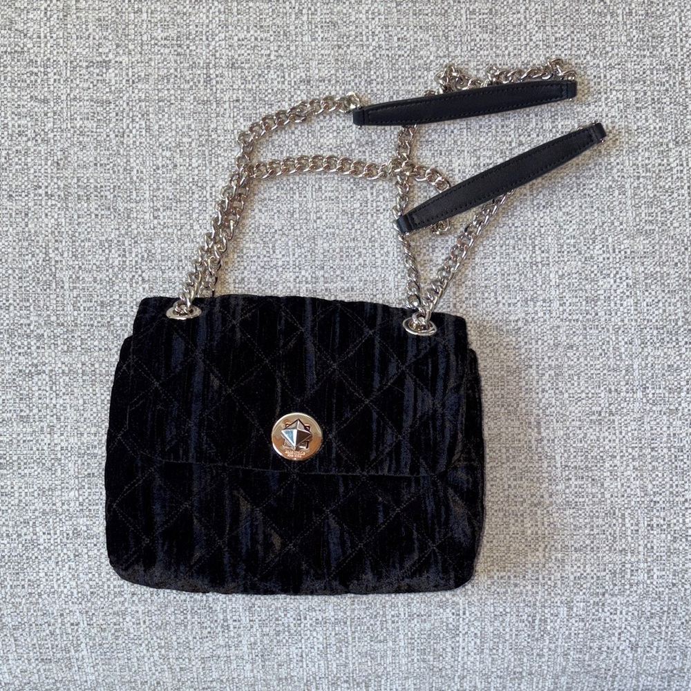 Kate Spade Black Velvet Quilted Shoulder Bag with Chain Strap